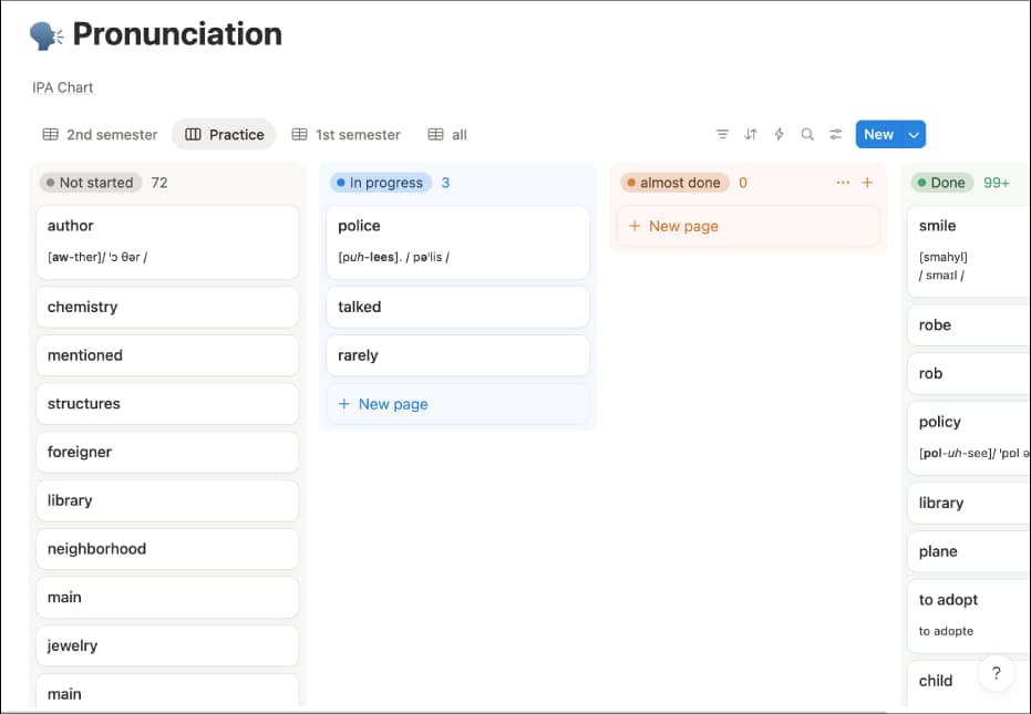 Screenshot de quadro de prática de pronúncia.